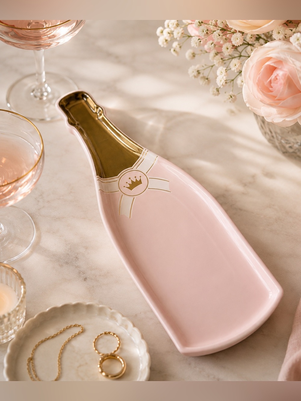 Rosanna Cheers Champagne Bottle Shaped Tray Pink Gold Porcelain NWOT